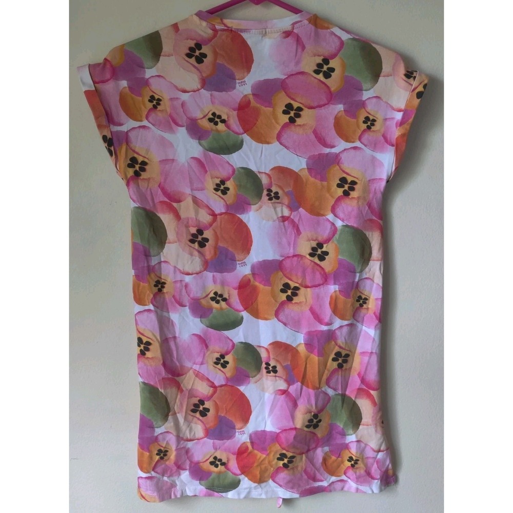 Guess Women's Short Sleeve Floral Pink/Orange Tie Front Round Neck Size Large - Picture 2 of 6